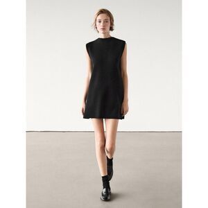 Massimo Dutti Women Mini Pinafore Dress L Black Wool Blend Knit 6657/631 NWT
